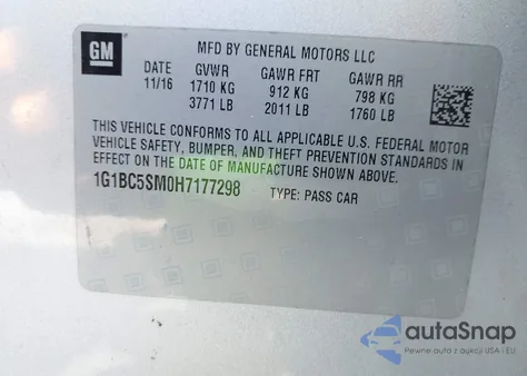 2017 Chevrolet Cruze Ls Auto из США, поврежденный, VIN 1G1BC5SM0H7177298